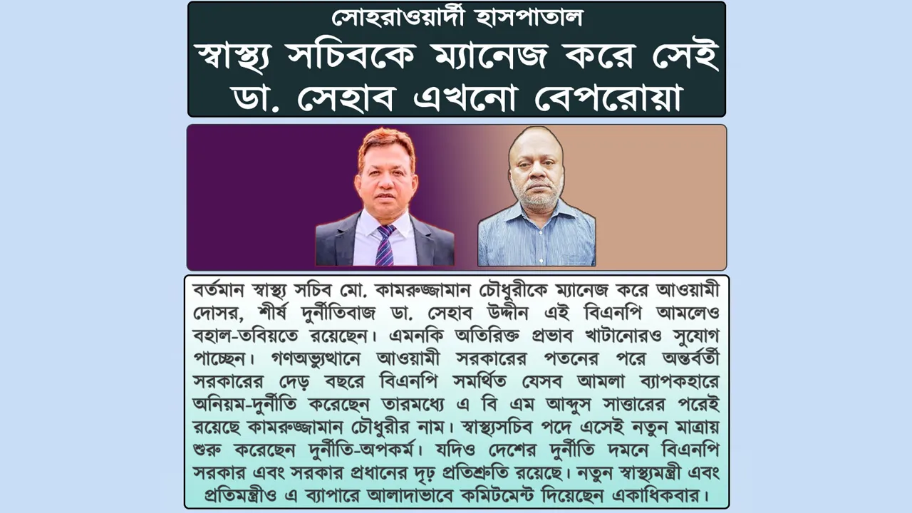 সোহরাওয়ার্দী হাসপাতাল:  স্বাস্থ্য সচিবকে ম্যানেজ করে সেই ডা. সেহাব এখনো বেপরোয়া